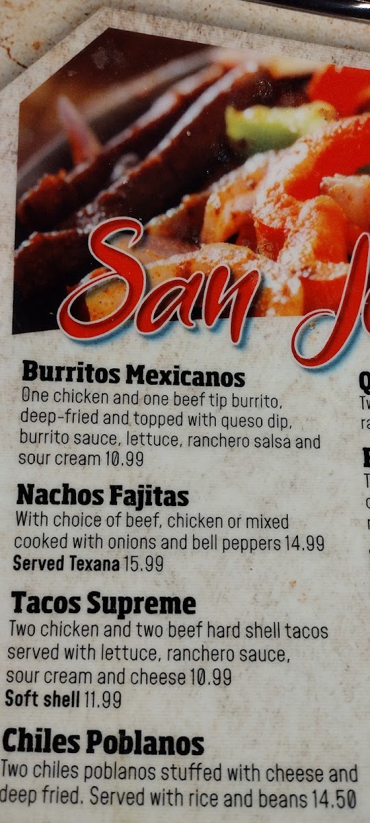 San Jose Mexican Restaurant menu board