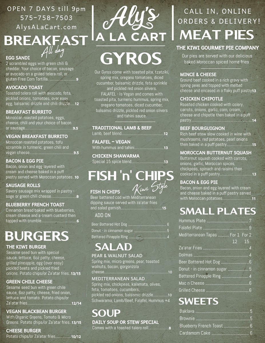 Aly's à la Cart menu board
