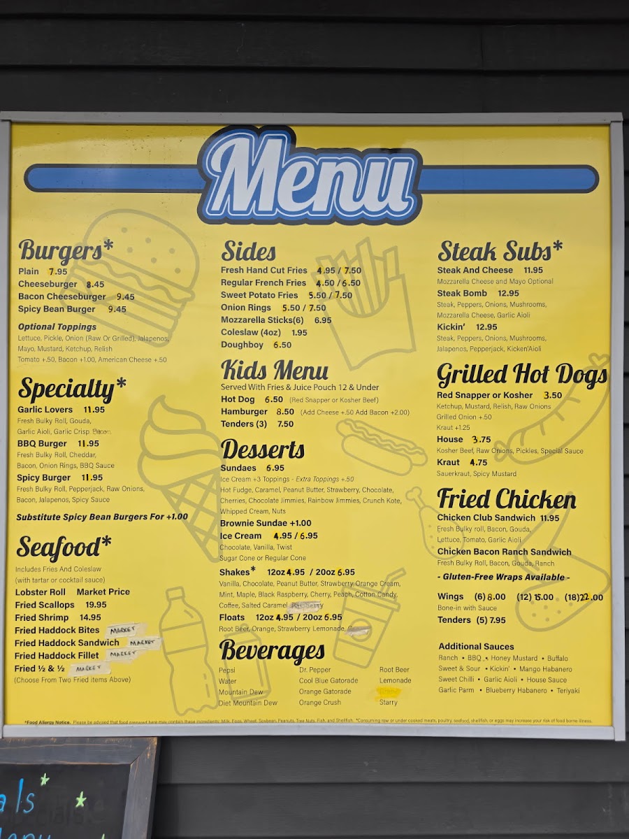 Shakes & Bakes Take Out menu board