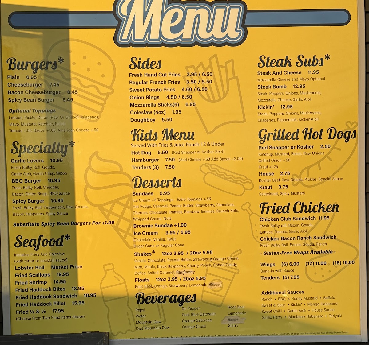 Shakes & Bakes Take Out menu board