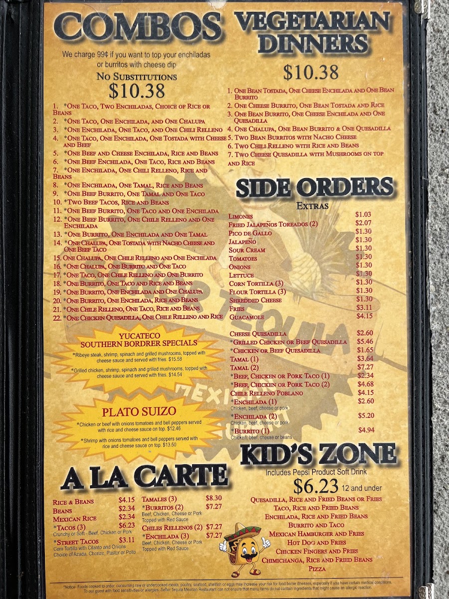 Senor Tequila Mexican Restaurant menu board