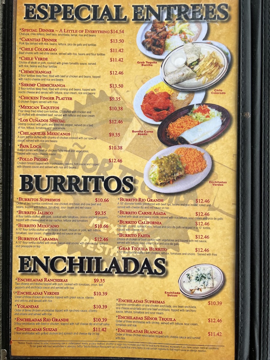 Senor Tequila Mexican Restaurant menu board