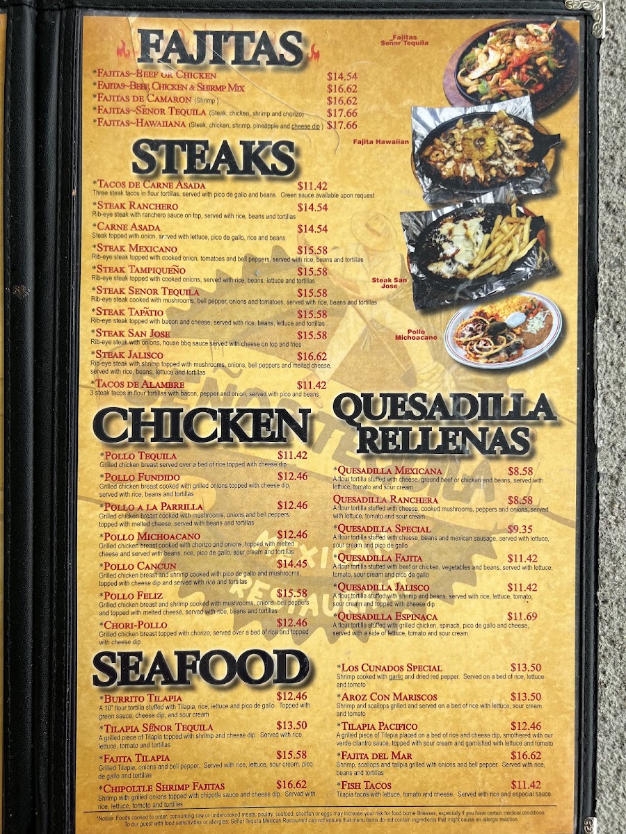 Senor Tequila Mexican Restaurant menu board