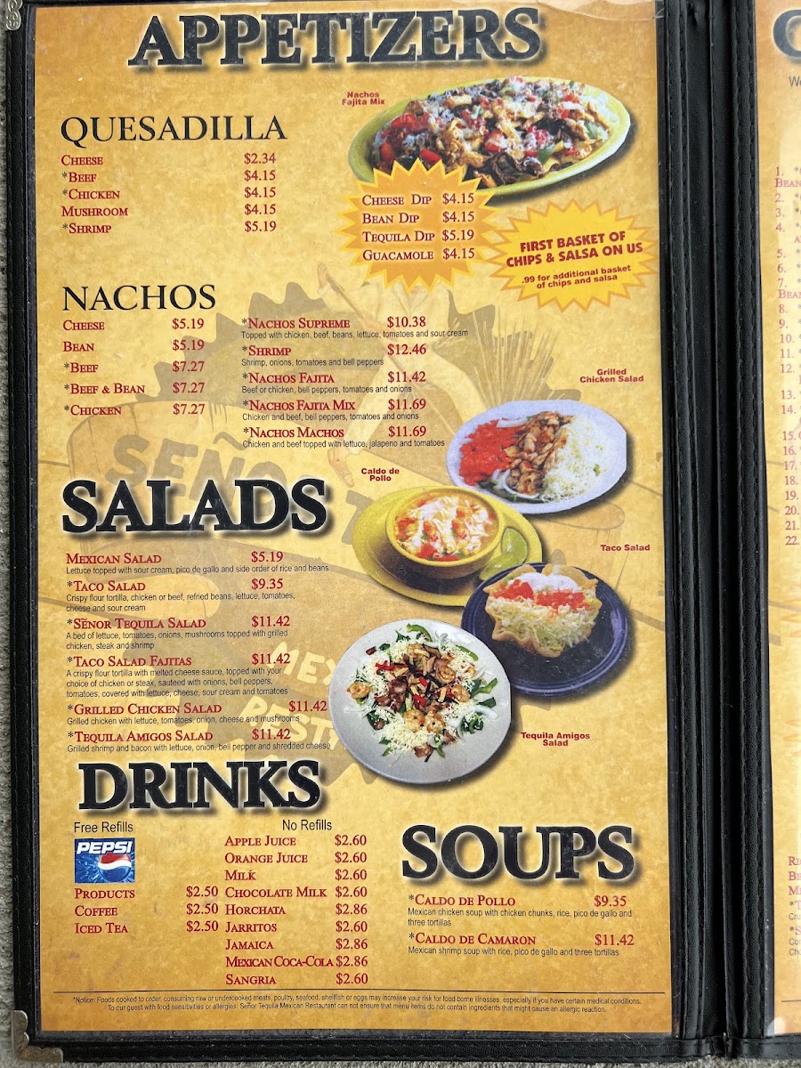 Senor Tequila Mexican Restaurant menu board