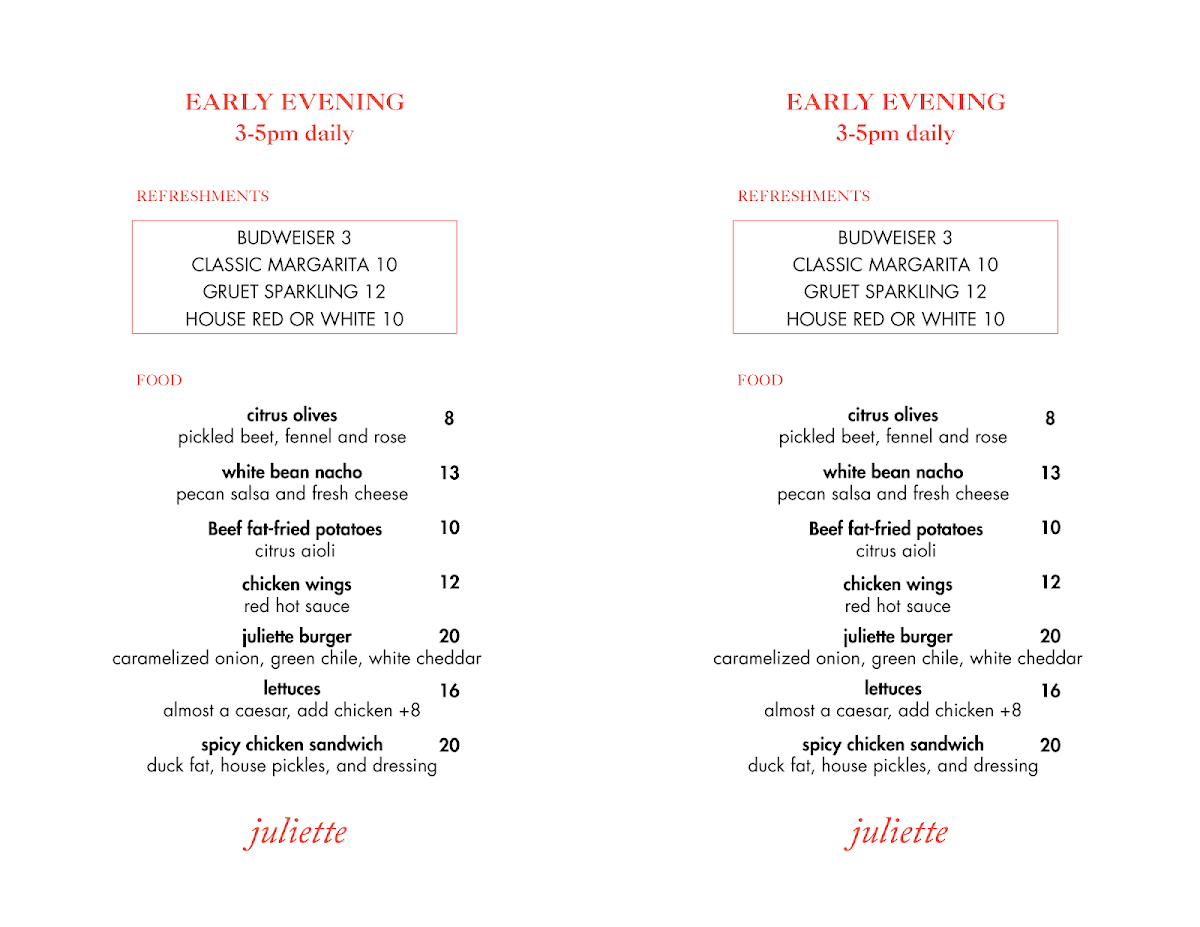 Juliette menu board