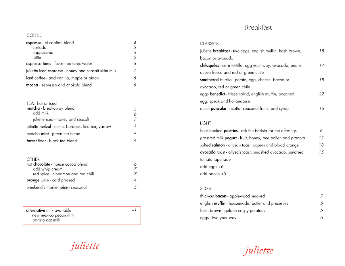 Juliette menu board