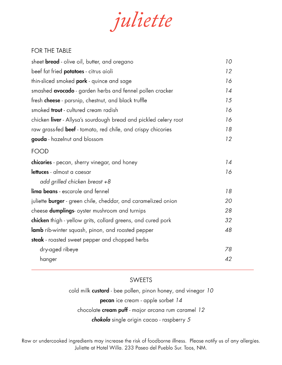 Juliette menu board