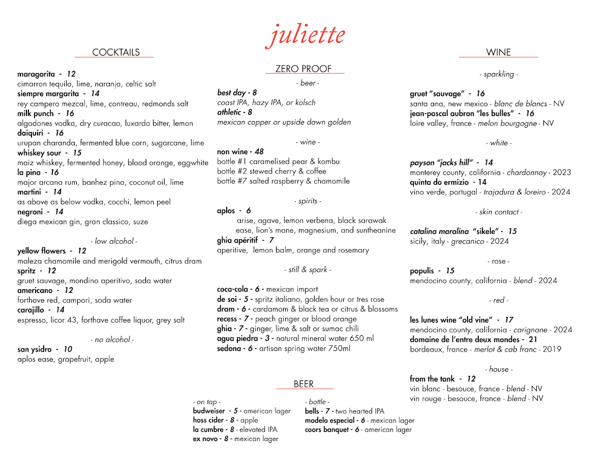 Juliette menu board