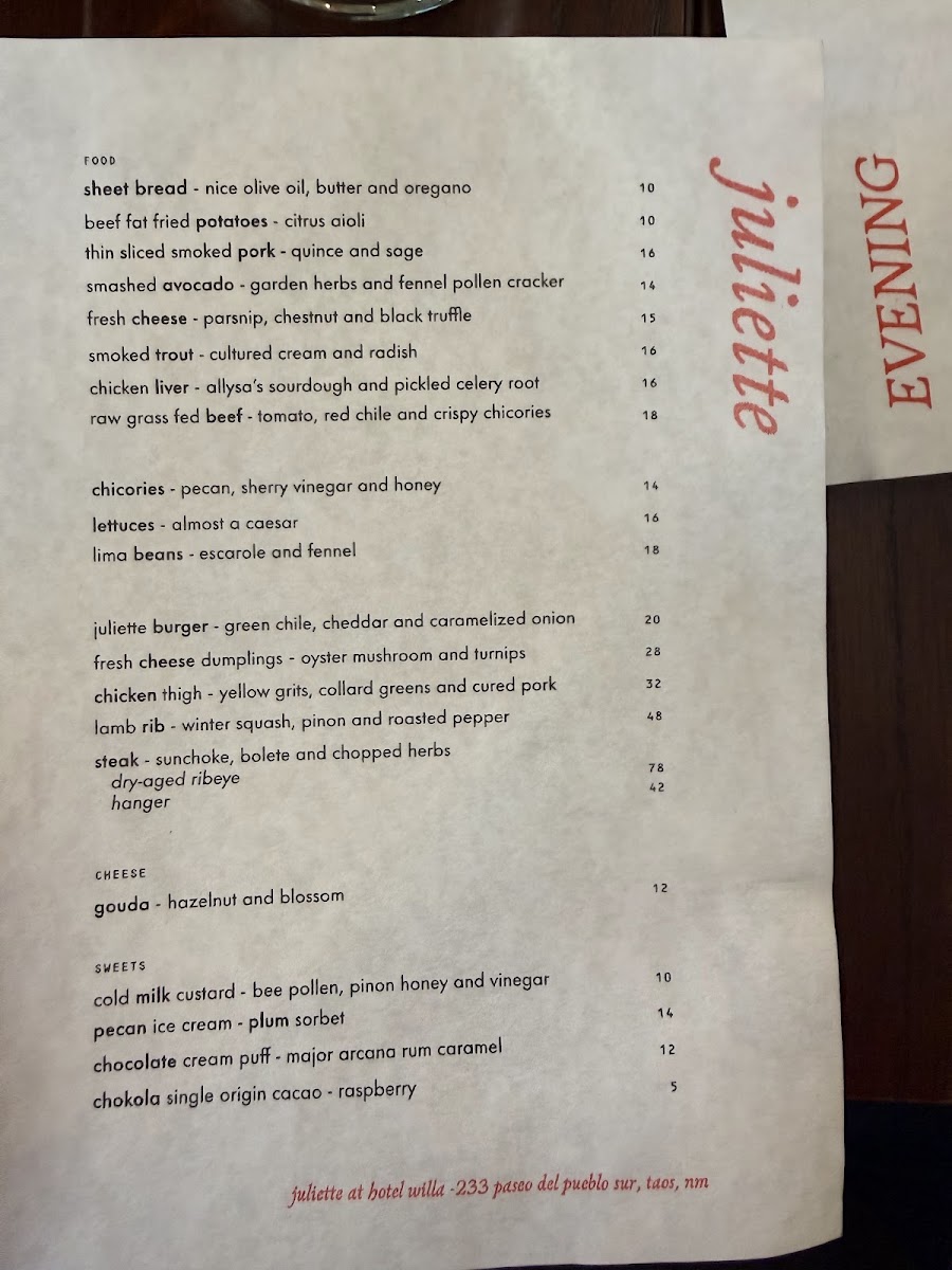 Juliette menu board