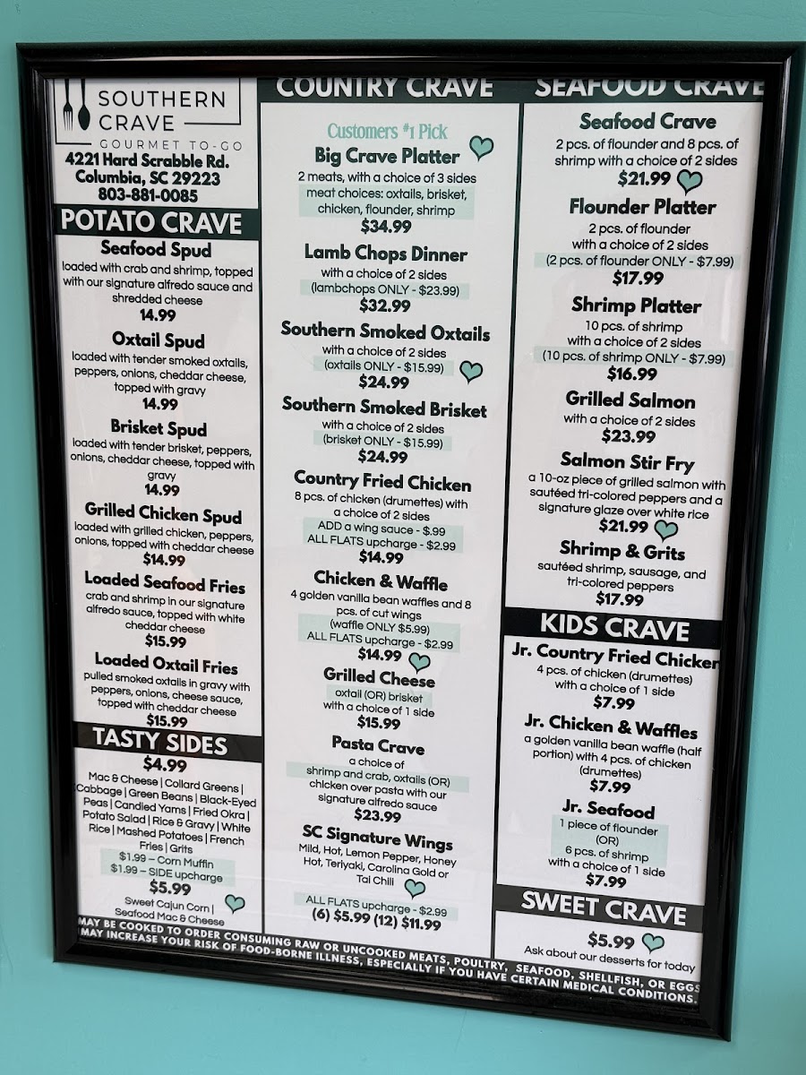 Southern Crave menu board