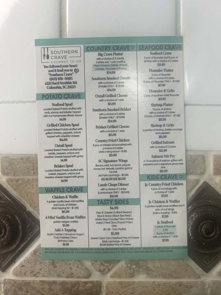 Southern Crave menu board