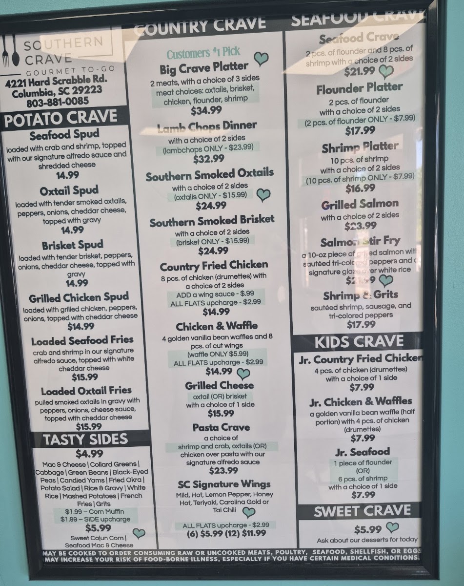 Southern Crave menu board