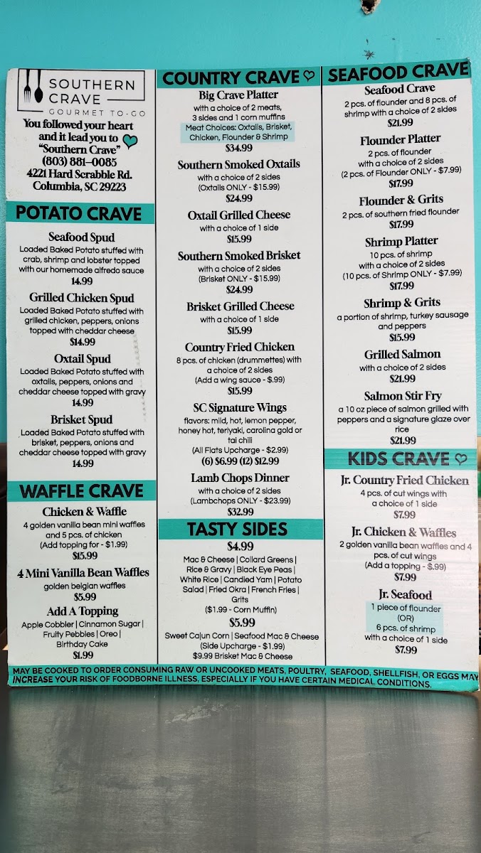 Southern Crave menu board