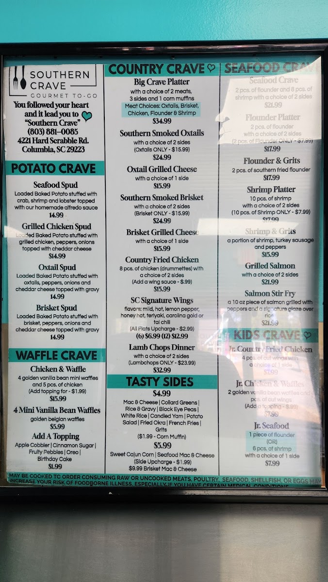 Southern Crave menu board