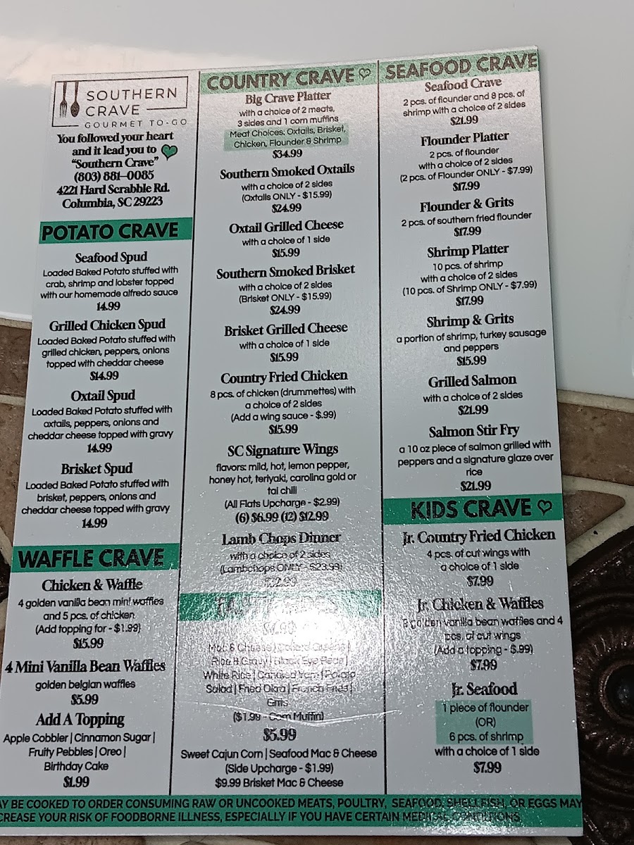 Southern Crave menu board