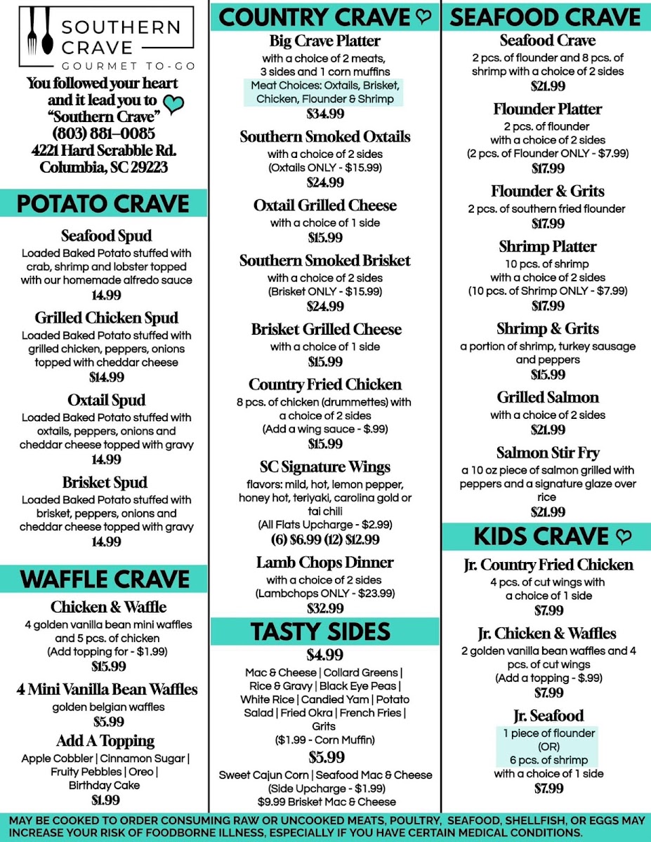 Southern Crave menu board