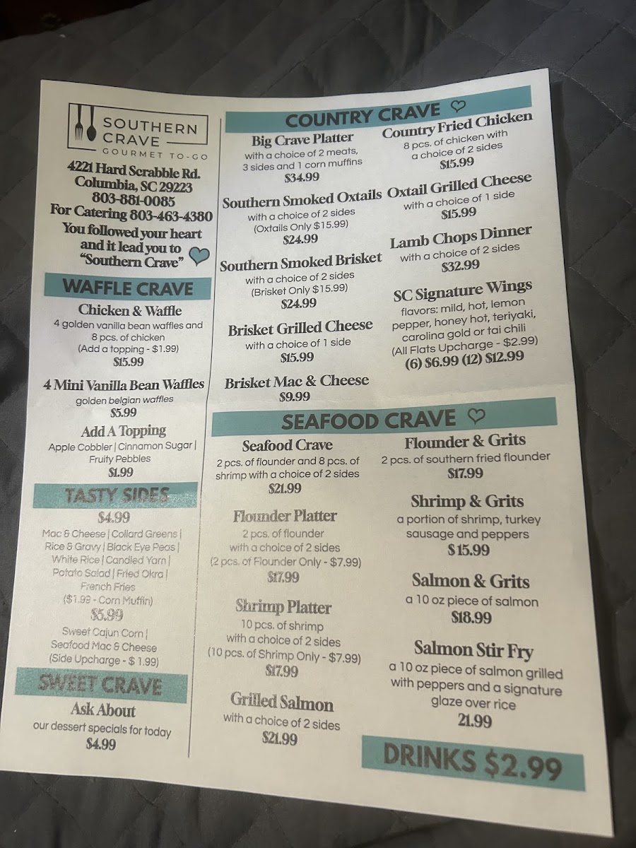 Southern Crave menu board