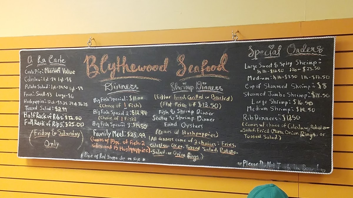 Blythewood Seafood Emporium & BBQ Haven menu board