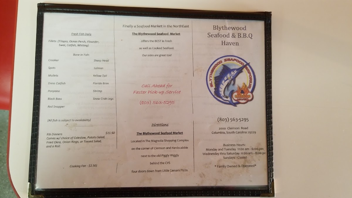 Blythewood Seafood Emporium & BBQ Haven menu board
