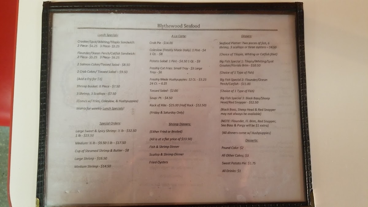 Blythewood Seafood Emporium & BBQ Haven menu board