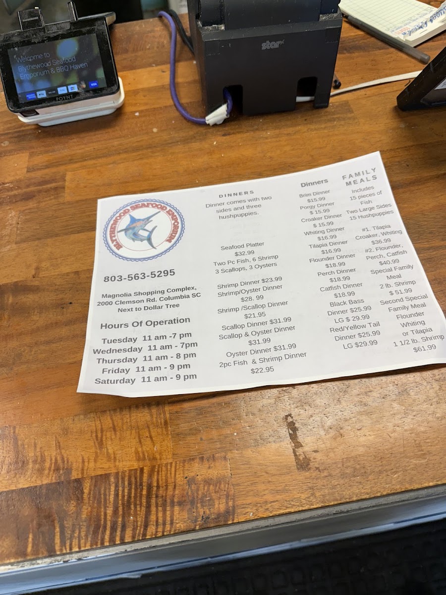 Blythewood Seafood Emporium & BBQ Haven menu board