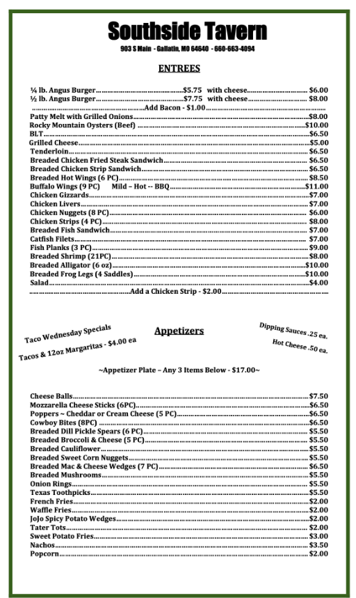 Southside Tavern and Grill menu board