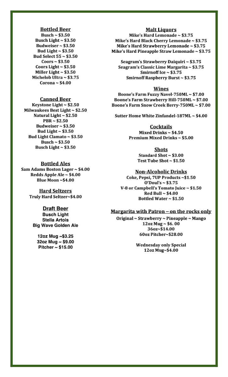 Southside Tavern and Grill menu board