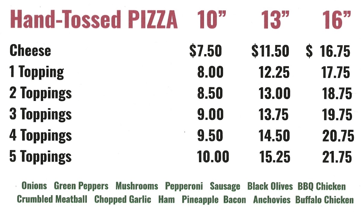 Fire 21 Pizza menu board