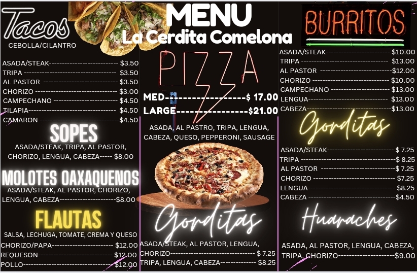 La Cerdita Comelona menu board