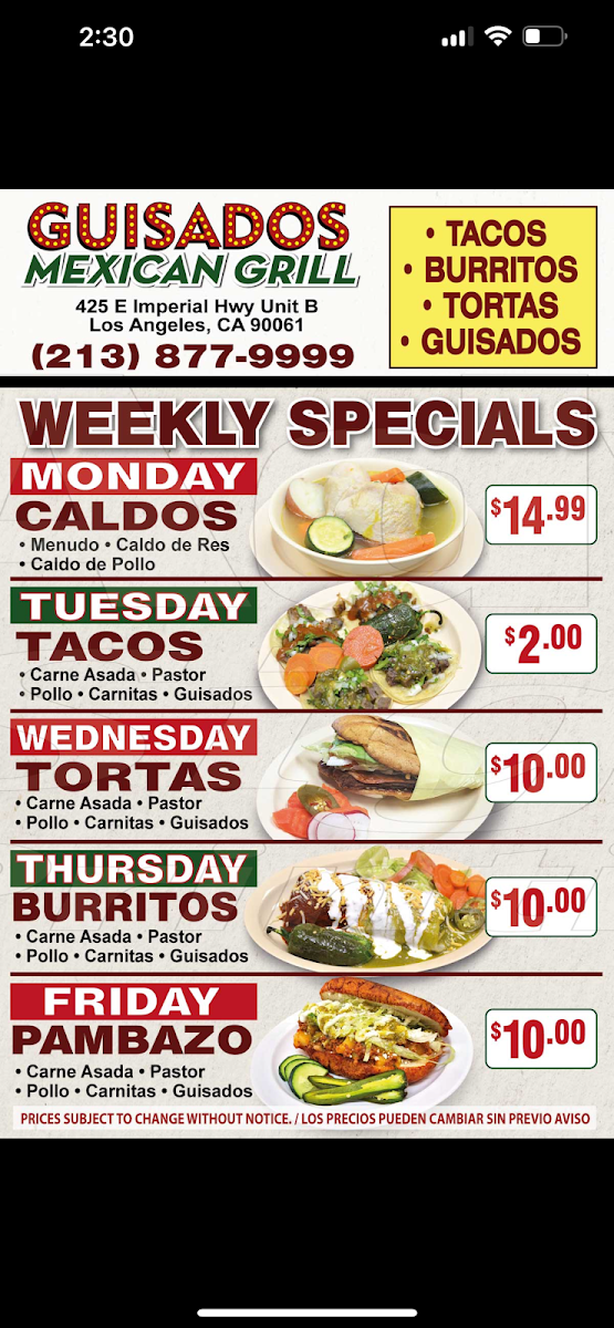 Guisados Mexican Grill menu board