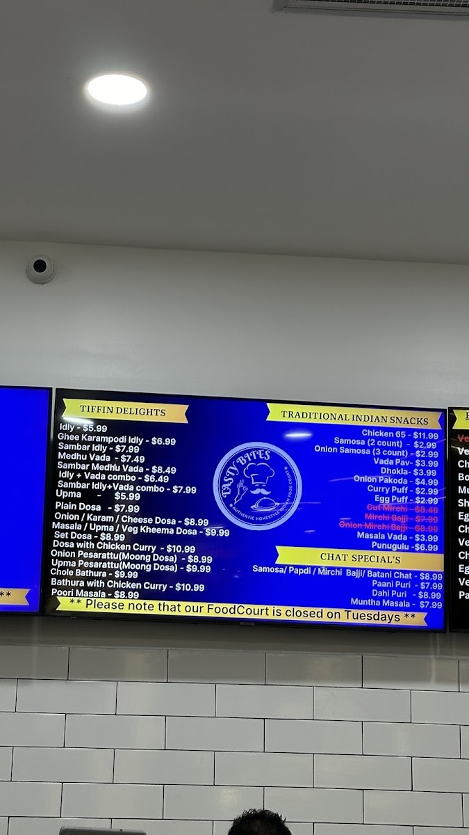 Tasty Bites Indian Restaurant menu board