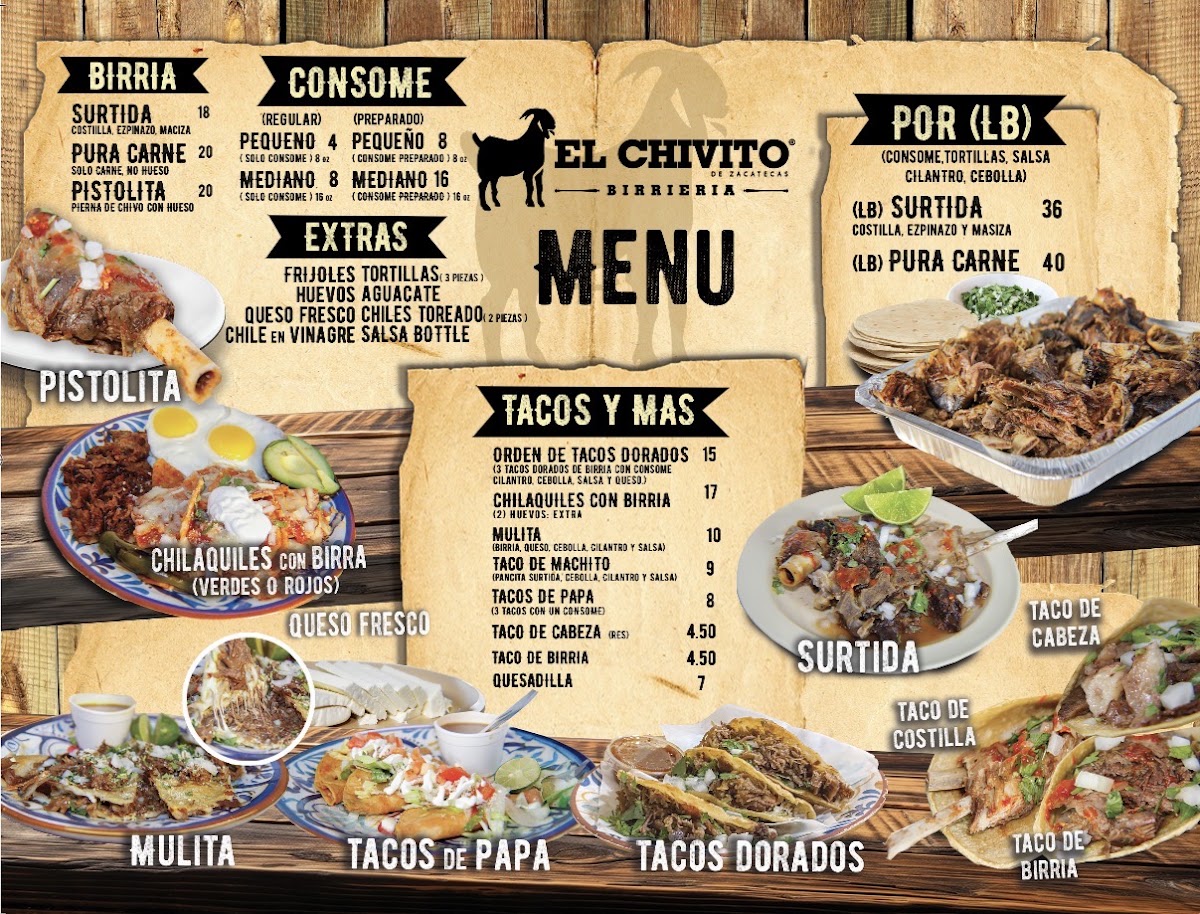 El Chivito Birrieria menu board