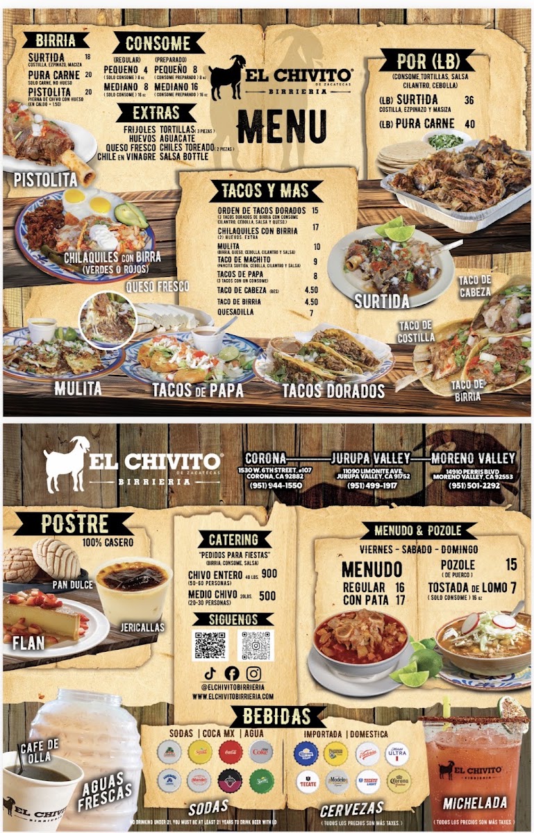 El Chivito Birrieria menu board