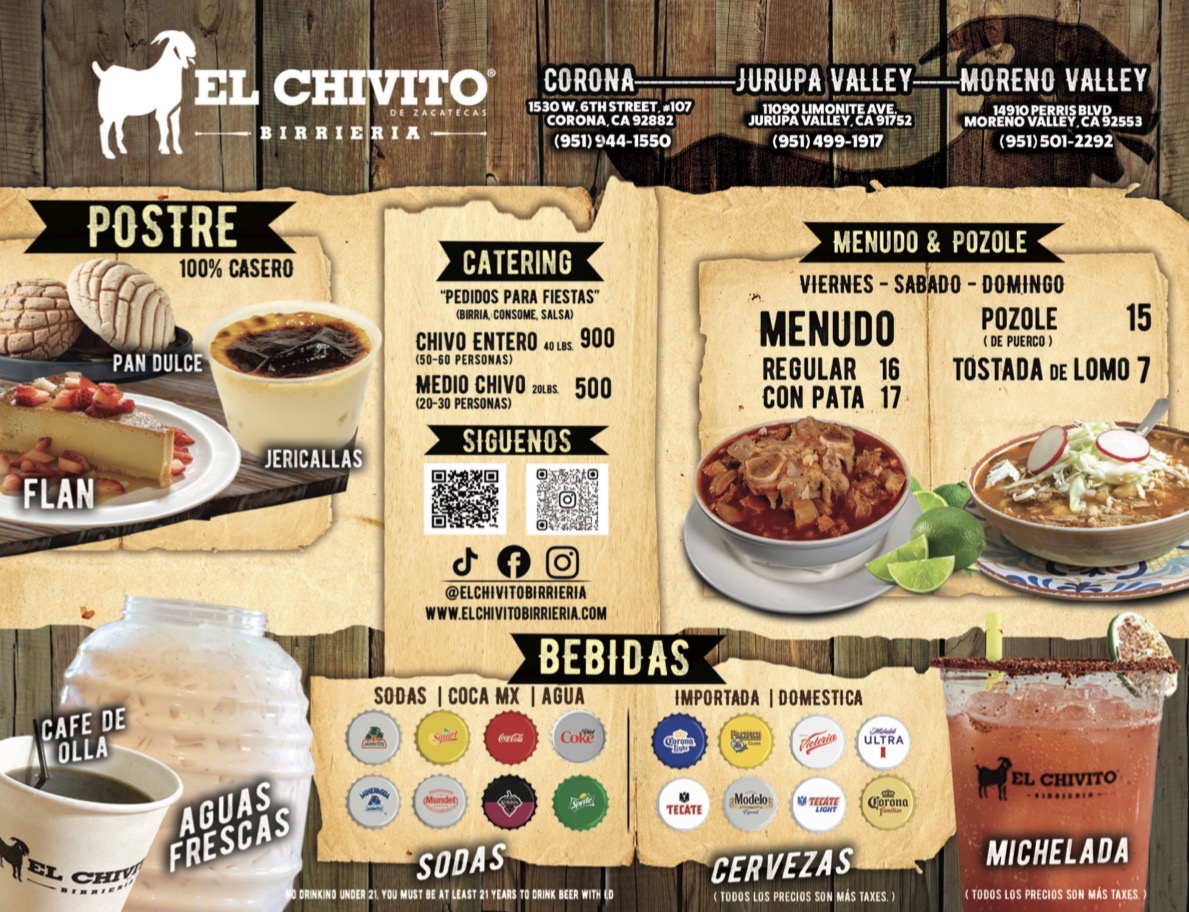 El Chivito Birrieria menu board