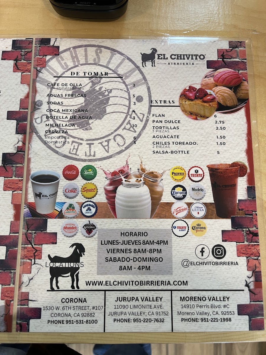 El Chivito Birrieria menu board