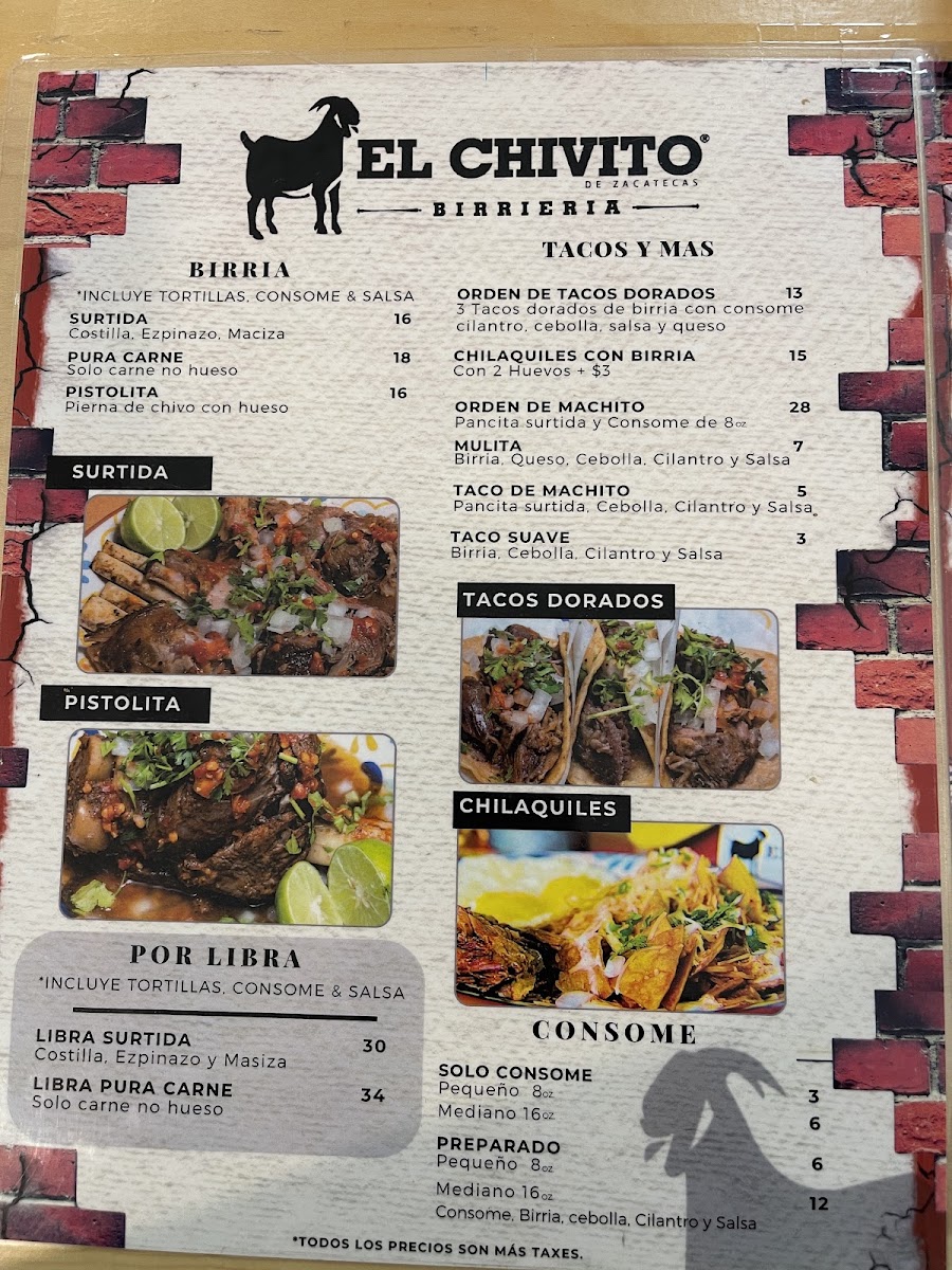 El Chivito Birrieria menu board