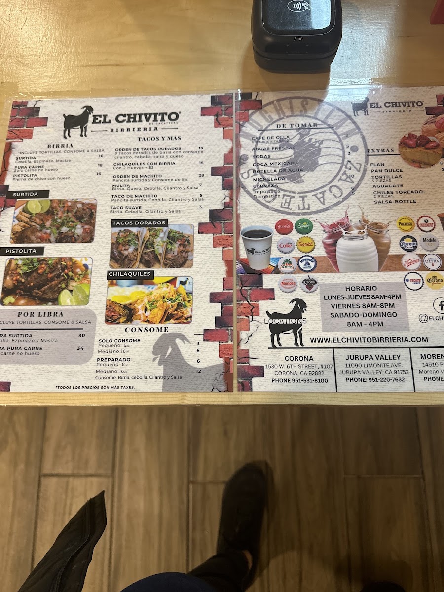 El Chivito Birrieria menu board