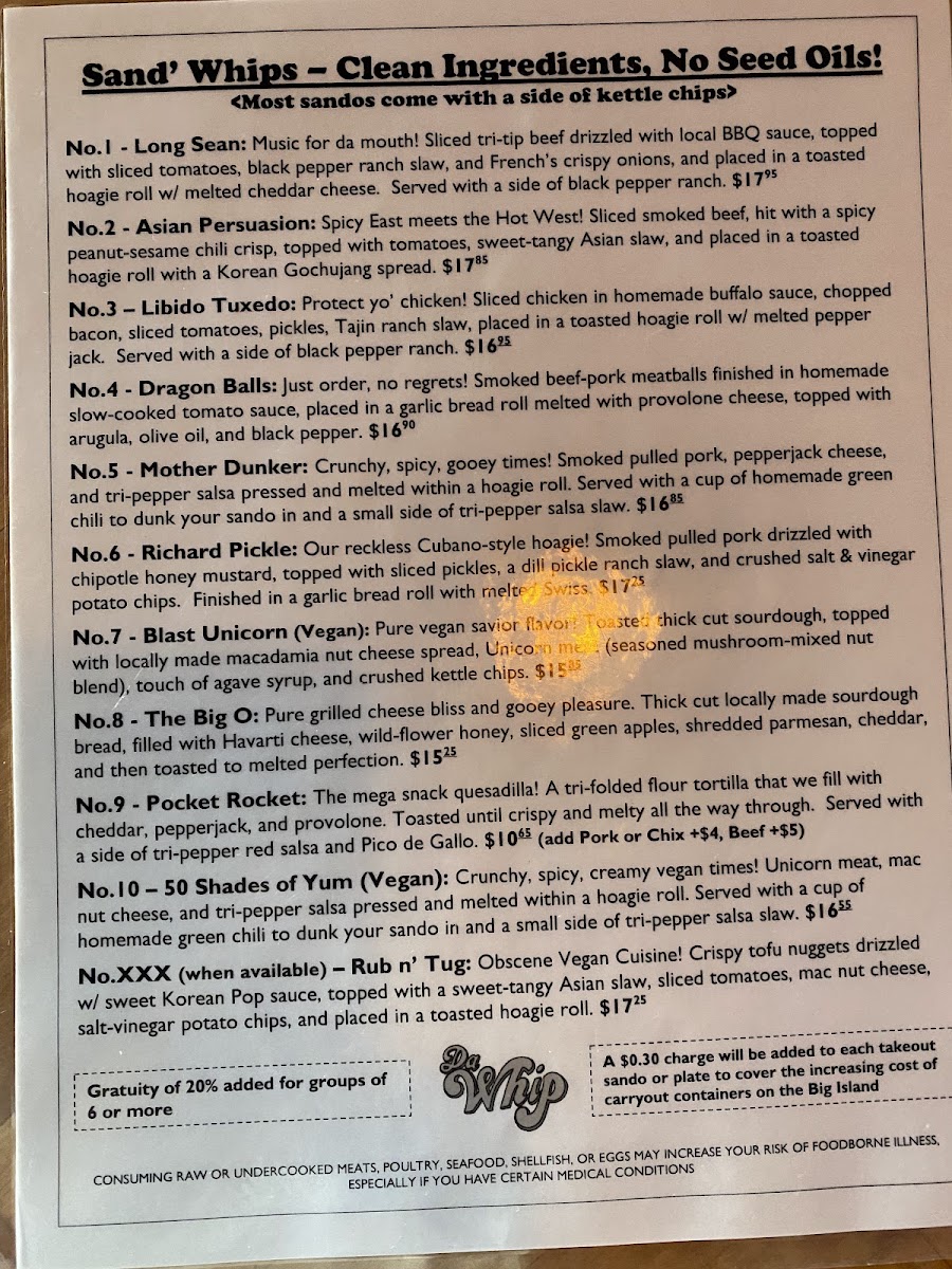 Da Whip Sandos & Bar menu board
