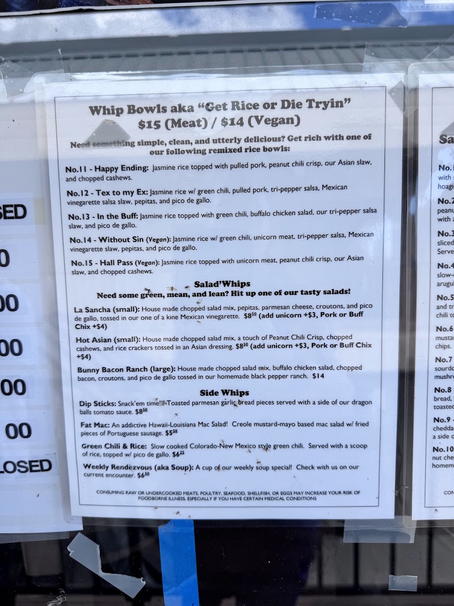 Da Whip Sandos & Bar menu board
