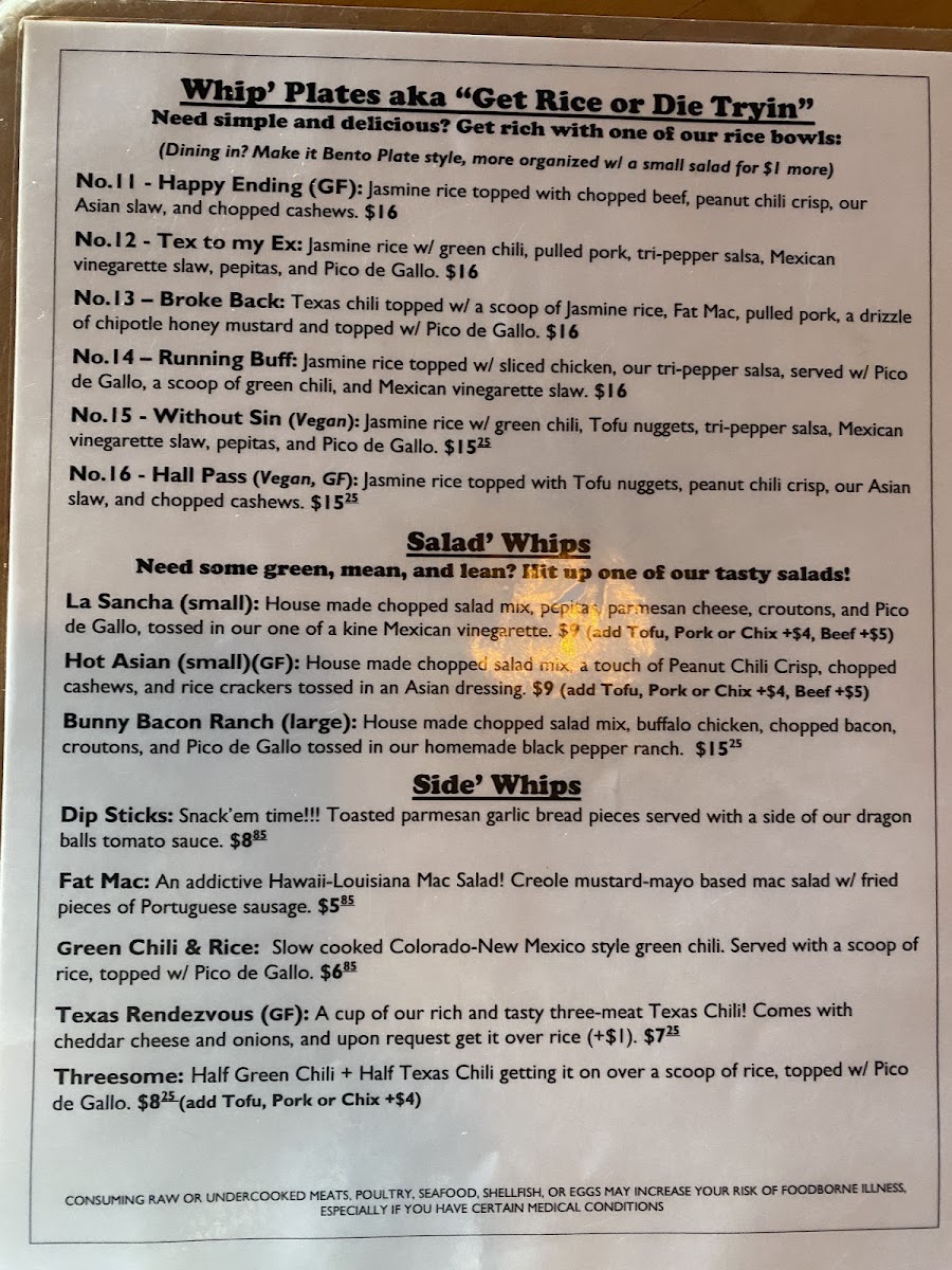 Da Whip Sandos & Bar menu board