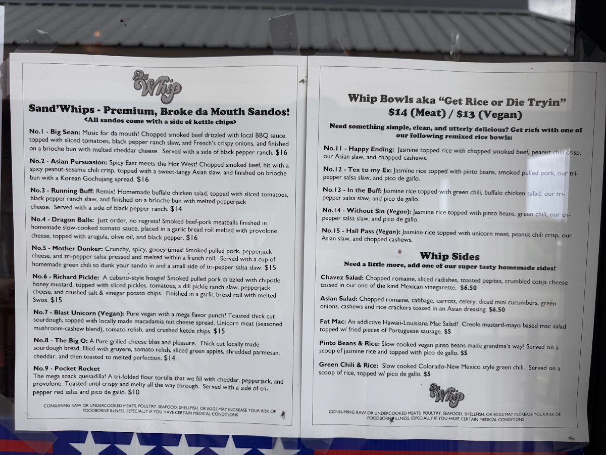 Da Whip Sandos & Bar menu board