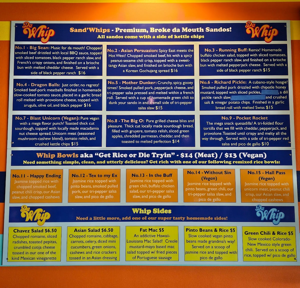 Da Whip Sandos & Bar menu board