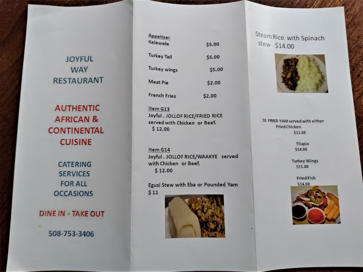Joyful Way Restaurant menu board