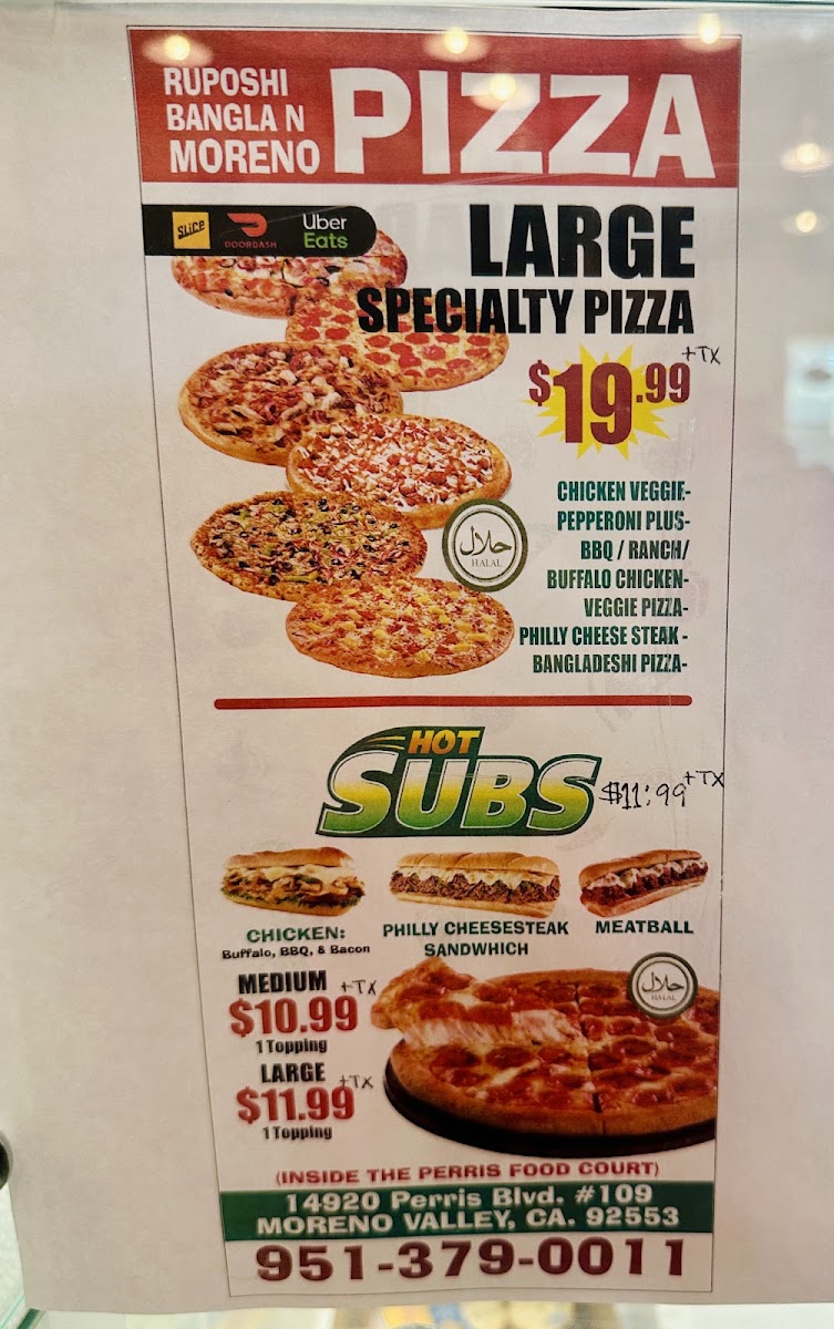 Ruposhi Bangla Moreno Pizza menu board