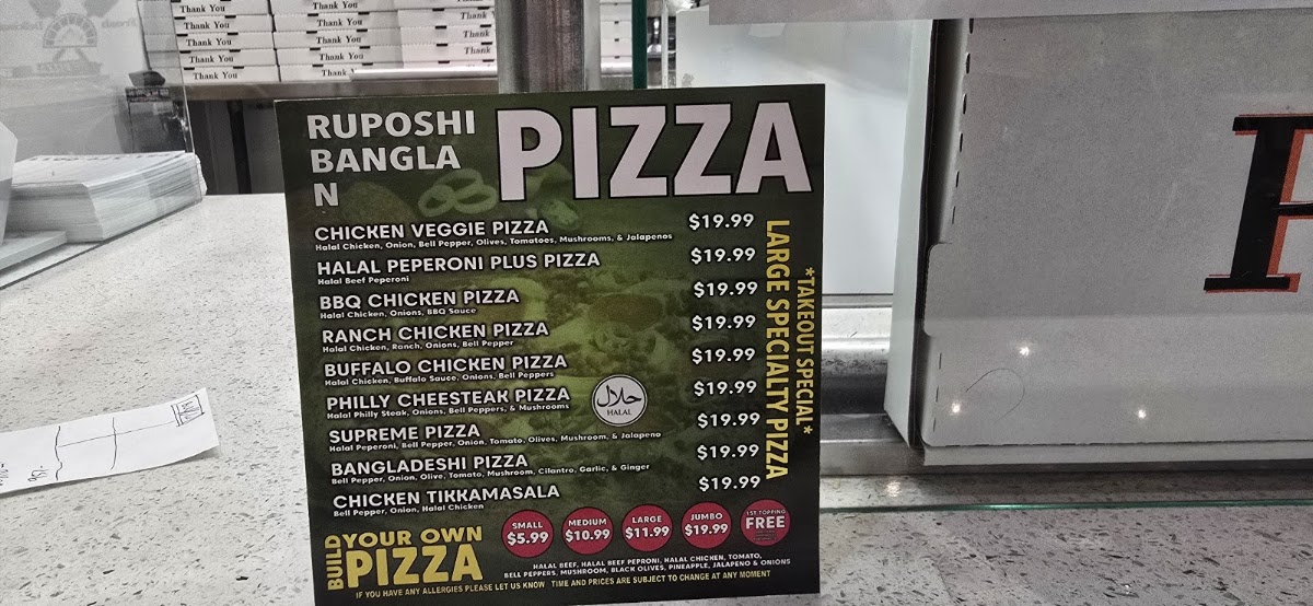 Ruposhi Bangla Moreno Pizza menu board