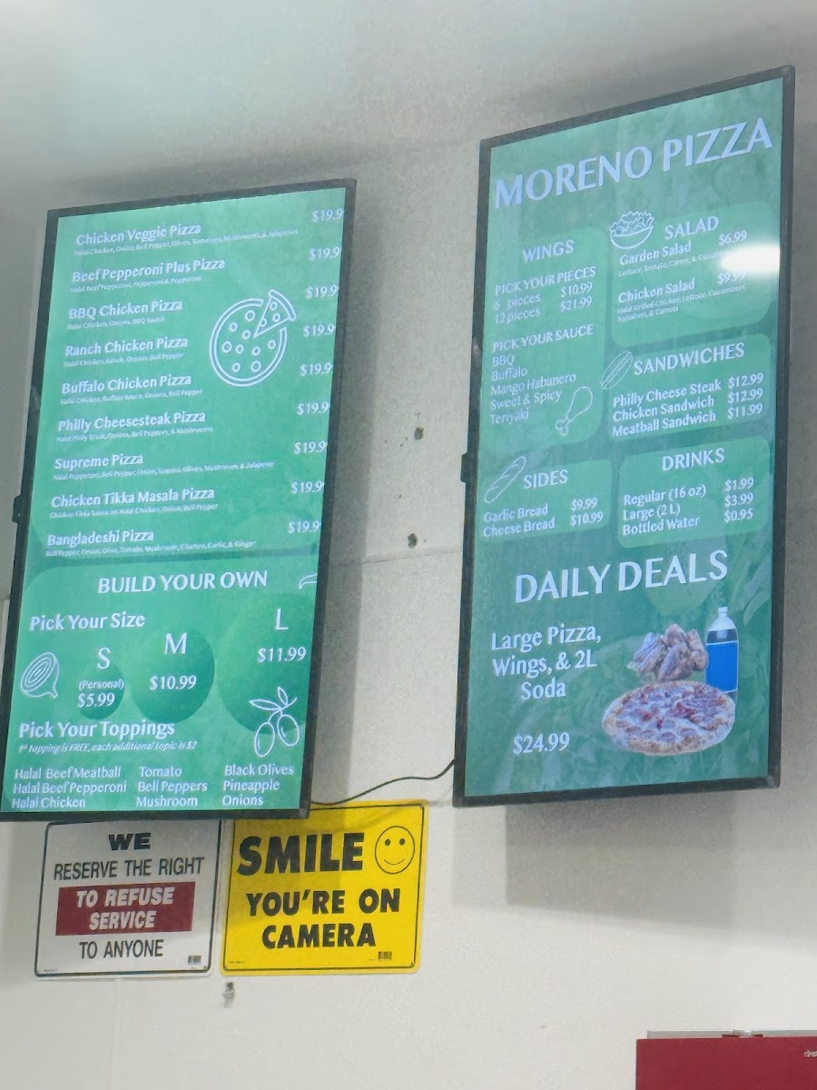 Ruposhi Bangla Moreno Pizza menu board