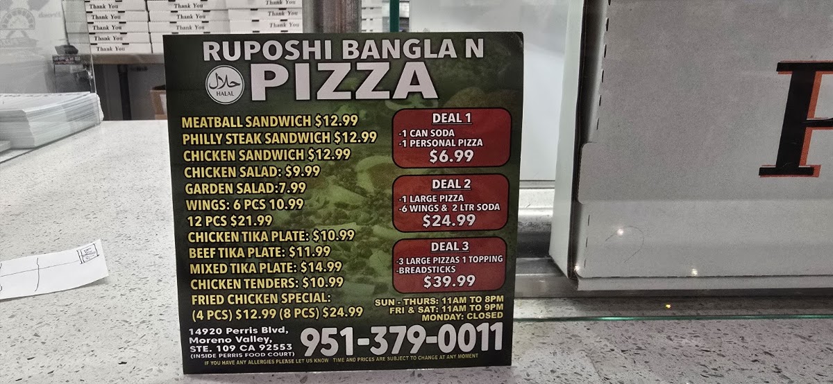 Ruposhi Bangla Moreno Pizza menu board