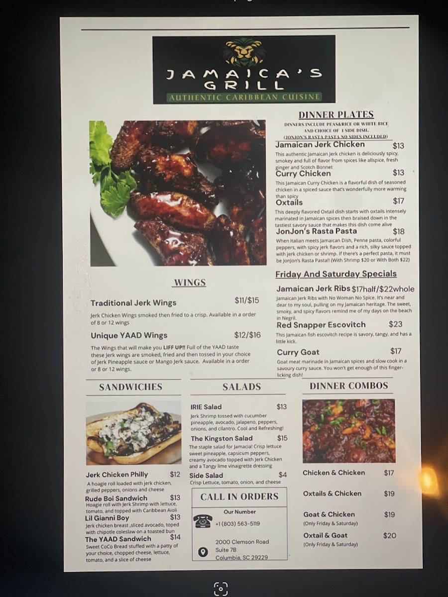 Jamaica's Grill menu board