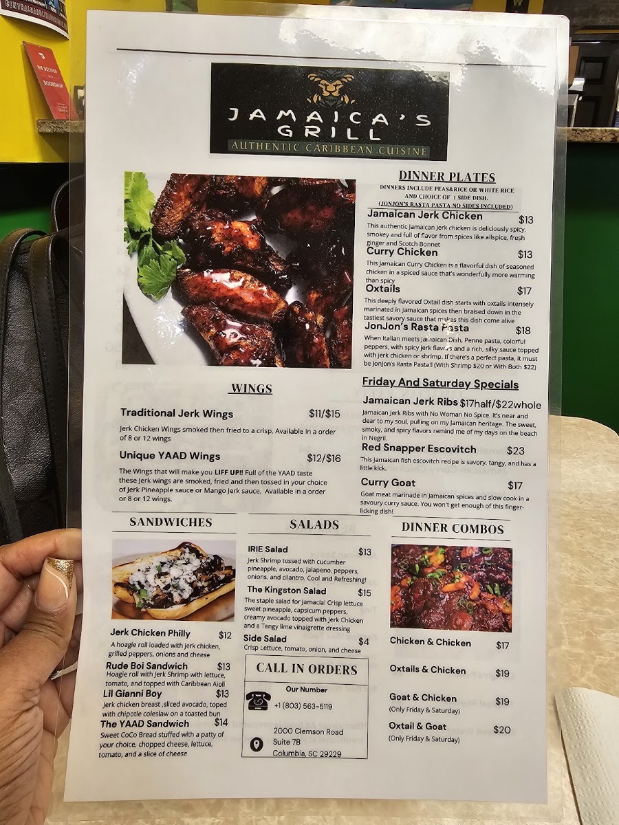 Jamaica's Grill menu board