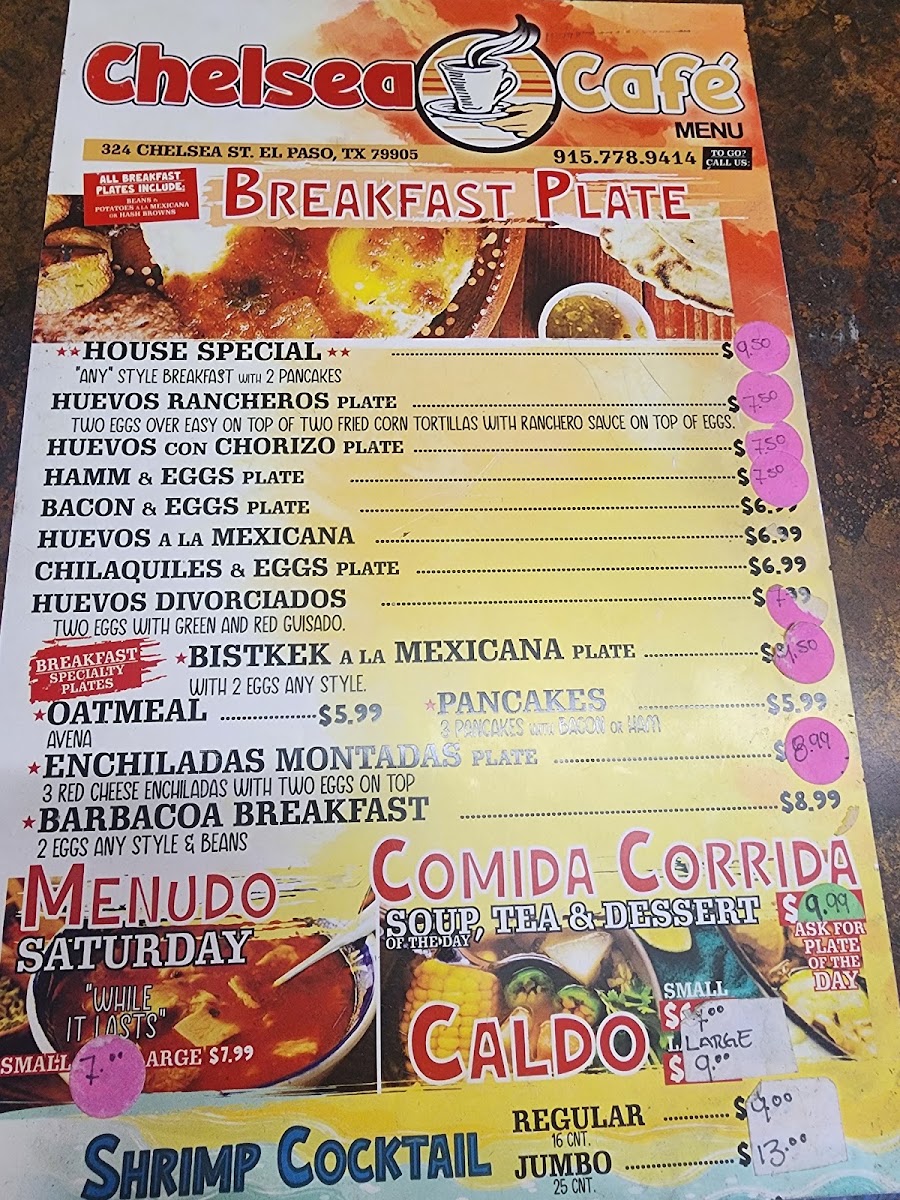 Chelsea Cafe Mexican Restaurant menu board